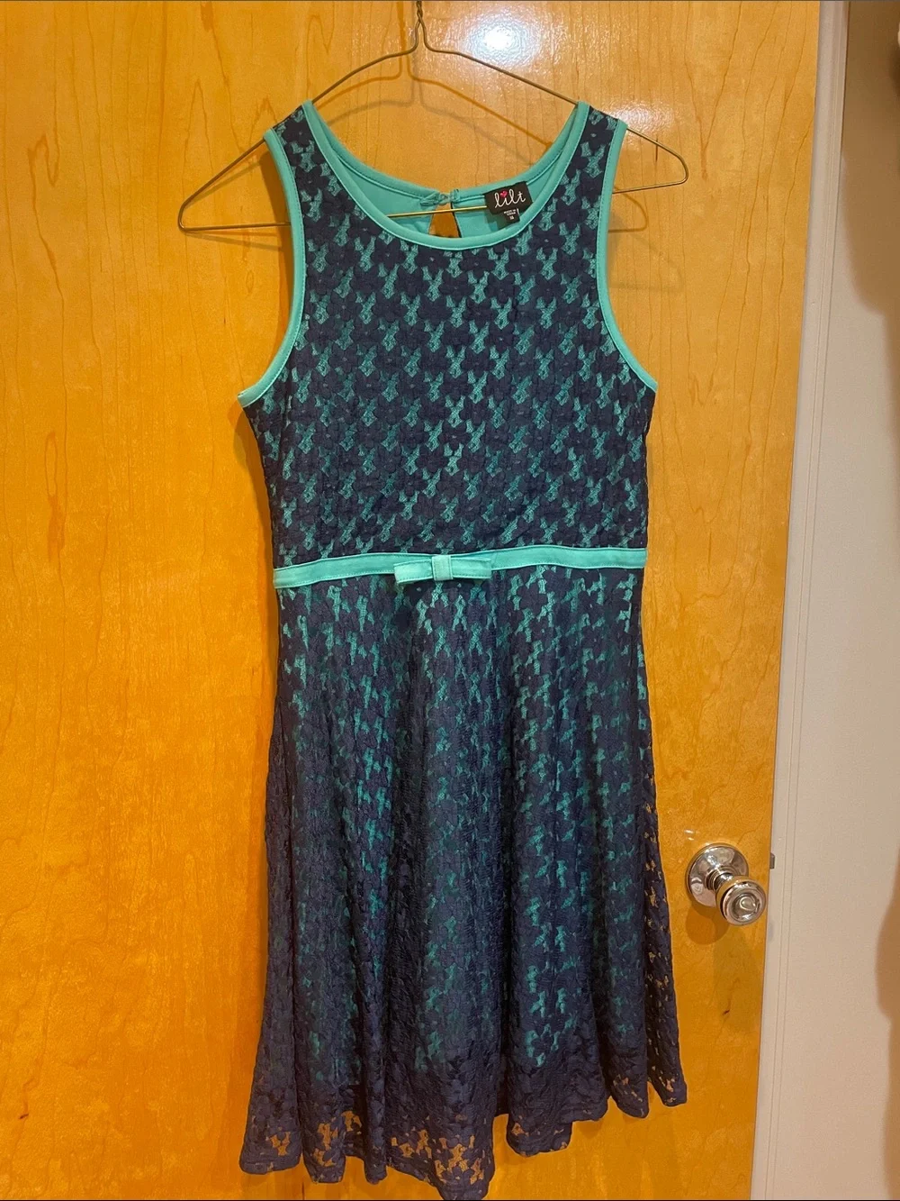 lilt Navy Dress with Teal Trim and Waist Bow